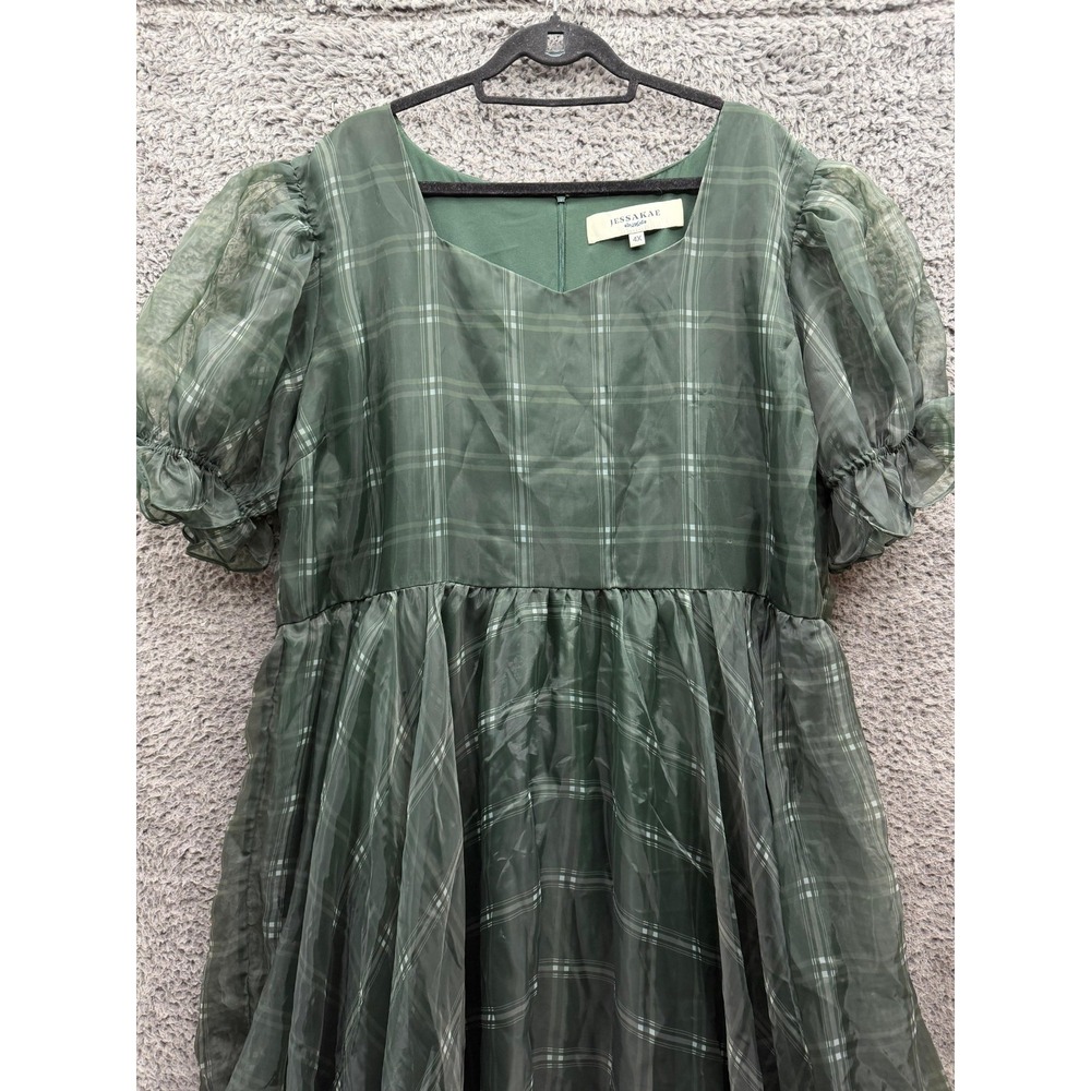 Jessakae Puff-Sleeve Cordelia Maxi Dress Green Plaid Womens Plus Size 4X - Picture 2 of 14
